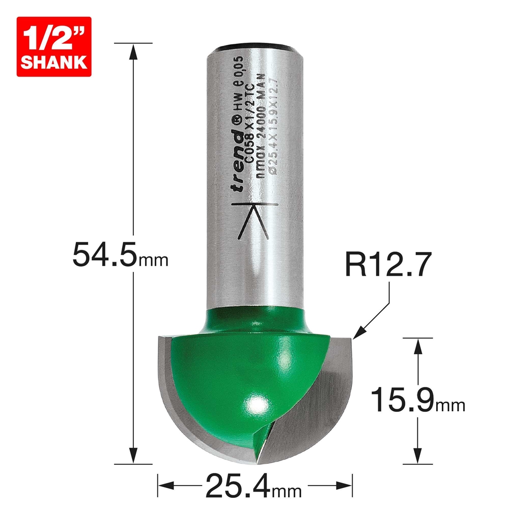 C058X1/2TC - Radius 12.7mm radius x 25.4mm diameter