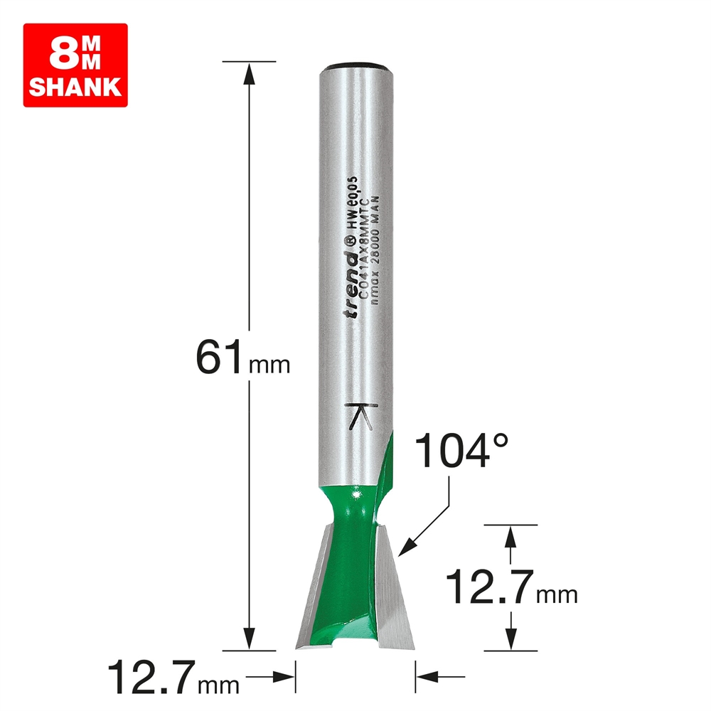 C041AX8MMTC - Dovetail cutter angle=104 degrees x 12.7mm diameter