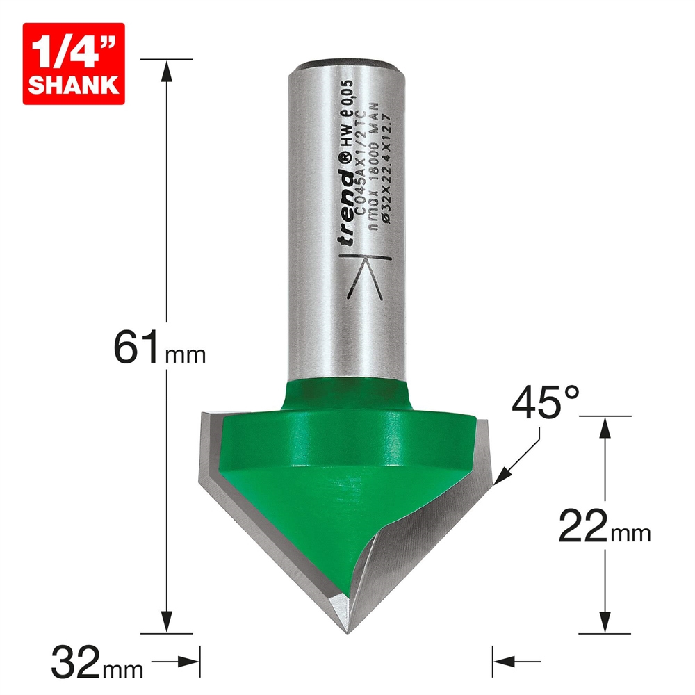 C045AX1/2TC - Chamfer V groove cutter angle=45 degrees