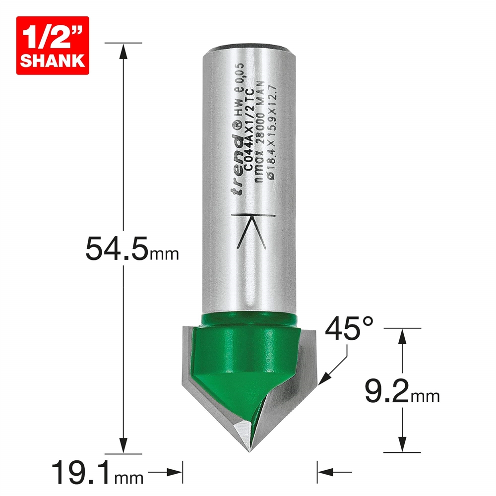 C044AX1/2TC Chamfer V groove cutter angle=45 degrees Trend Products