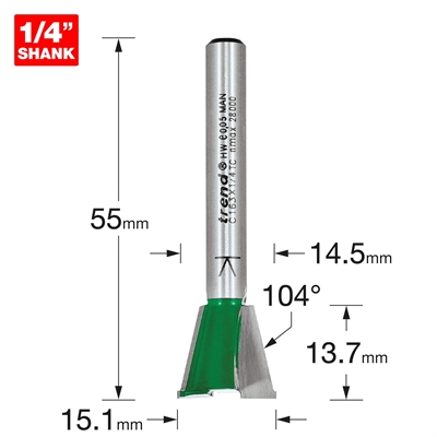 C163X1/4TC - Dovetail 15mm diameter x 104 degrees spurs