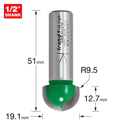 C056X1/2TC - Radius 9.5mm radius x 19.1mm diameter