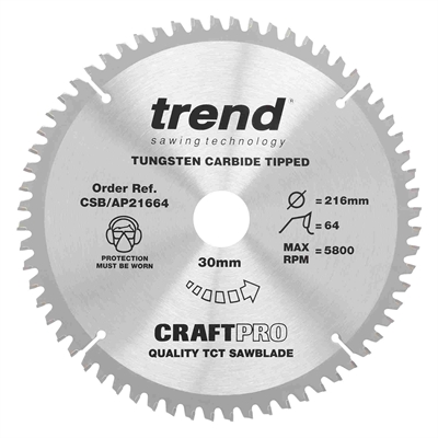 CSB/AP21664 - Craft saw blade aluminium and plastic 216mm x 64 teeth x 30mm