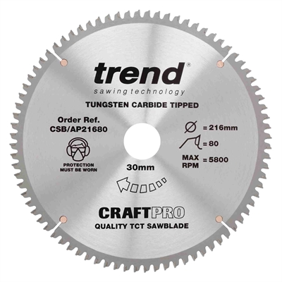 CSB/AP21680 - Craft saw blade aluminium and plastic 216mm x 80 teeth x 30mm